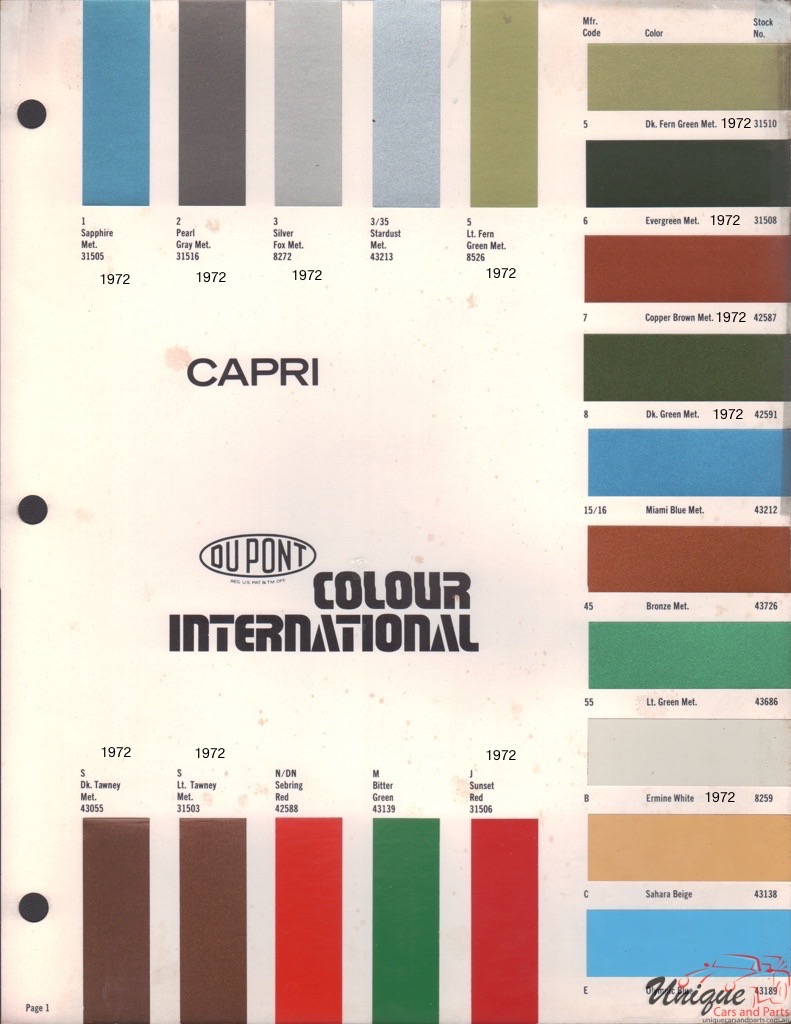 1972 Ford Capri Paint Charts DuPont